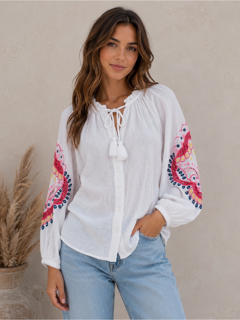Charter Club Luxury 100% Linen Embroidered Top | Petite Small | Boho Peasant Top